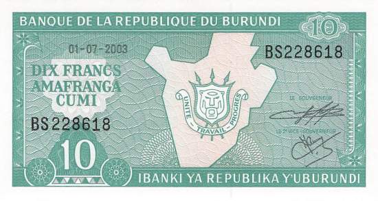 Burundi p33d 10 Francs 2003